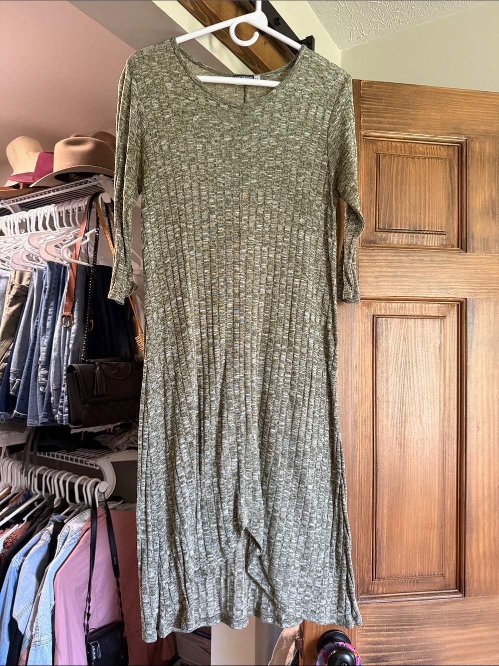Earthbound Olive Green Ribbed Knit Women's Dress - Elbow Length Sleeves